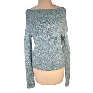 Free People Boucle Knit Sweater XS Blue Off Shoulder Popcorn Textured Boho Cozy
